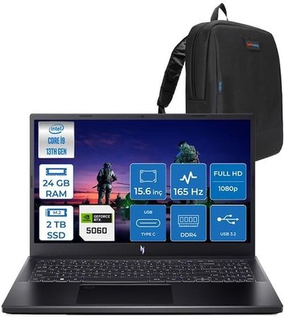 Acer Nitro ANV15-52 Intel Core I9 13900H 24GB 2tb SSD 8GB/RTX5060/75W 15.6" Fhd IPS 165Hz Freedos Taşınabilir Bilgisayar NHQZAEY004F07 + Zettaçanta