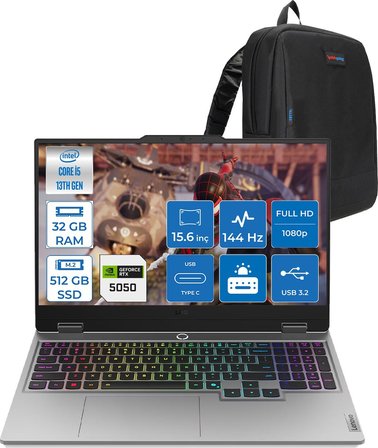 Lenovo Loq Intel Core I5-13450HX 32GB Ddr5 512GB SSD 8GB/RTX5050/100W 15.6" Fhd IPS 300NITS 100% Srgb 144Hz Windows 11 Pro Taşınabilir Bilgisayar 83JE00JLTRH09 + Zettaçanta