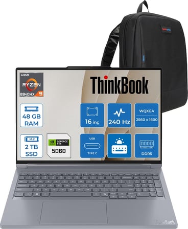 Lenovo Thinkbook 16P G6 Adr Ryzen 9 8940HX 48GB Ddr5 2tb SSD 8GB/RTX5060/115W 16" Wqxga IPS 500NITS 240Hz Freedos Taşınabilir Bilgisayar 21U00013TXF19 + Zettaçanta