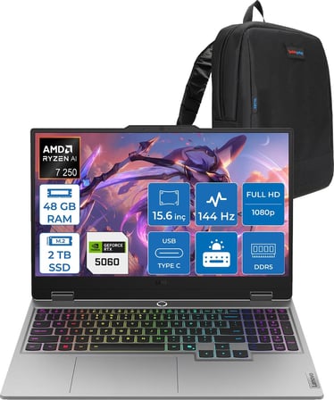 Lenovo Loq 15AHP10 Ryzen 7 250 48GB Ddr5 2tb SSD 8GB/RTX5060/100W 15.6" Fhd IPS 144Hz Windows 11 Home Taşınabilir Bilgisayar 83JG0055TRH19 + Zettaçanta