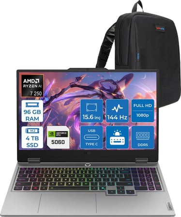 Lenovo Loq 15AHP10 Ryzen 7 250 96GB Ddr5 4tb SSD 8GB/RTX5060/100W 15.6" Fhd IPS 144Hz Windows 11 Pro Taşınabilir Bilgisayar 83JG0055TRP24 + Zettaçanta