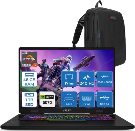 MSI Msı Crosshair A17 Hx Amd Ryzen 7 8840HX 48GB Ddr5 1tb SSD 8GB/RTX5070/115W 17” Qhd+ (2560X1600) 240Hz IPS Windows 11 Pro Taşınabilir Bilgisayar D8WGKGP18 + Zettaçanta