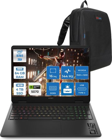 Hp Omen Slim Intel Core Ultra 9 285H 64GB Ddr5 4tb SSD 8GB/RTX5070 16" Wuxga 144Hz IPS 300NIT Windows 11 Home Taşınabilir Gaming Bilgisayar 16AN0017NTH24 + Zettaçanta