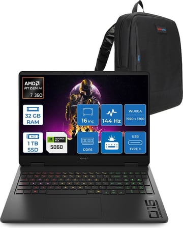 Hp Omen Amd Ryzen Aı 7 350 32GB Ddr5 1tb SSD 8GB/RTX5060 16" Wuxga 144Hz IPS 300NIT Freedos Taşınabilir Bilgisayar 16AP0010NTF10 + Zettaçanta