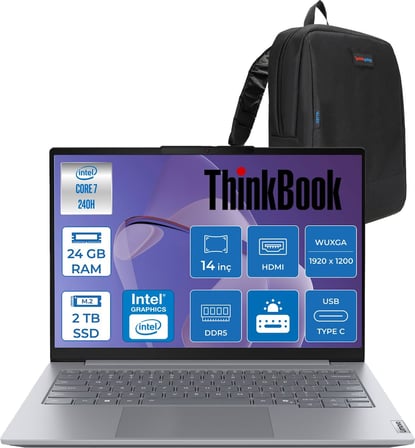 Lenovo Thinkbook 14 G8 Irl Intel Core 7 240H 24GB Ddr5 2tb SSD Intel Graphics 14" Wuxga IPS 300NITS 60Hz Windows 11 Home Taşınabilir Bilgisayar 21SG008LTXH07 + Zettaçanta