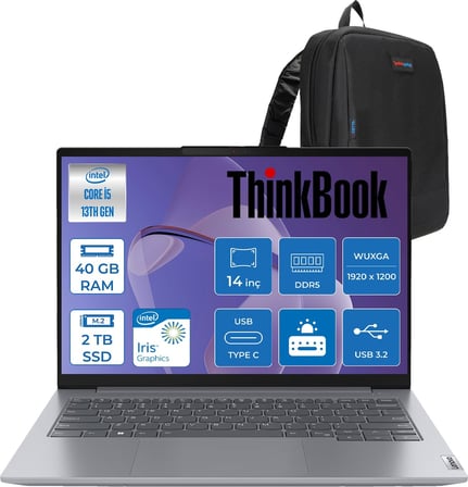 Lenovo Thinkbook 14 G6 Irl Intel Core I5 1335U 40GB Ddr5 2tb SSD Intel Iris Xe Graphics 14" Wuxga IPS 300NITS Windows 11 Home Taşınabilir Bilgisayar 21KG00Y5TRH15 + Zettaçanta