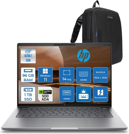 Hp Zbook 8 G1I Ultra 7 255H 96GB Ddr5 1tb SSD 4GB/RTXA500 14" Wuxga IPS 400NITS 100% Srgb Windows 11 Pro Taşınabilir Iş Istasyonu A3ZW7ETP22 + Zettaçanta