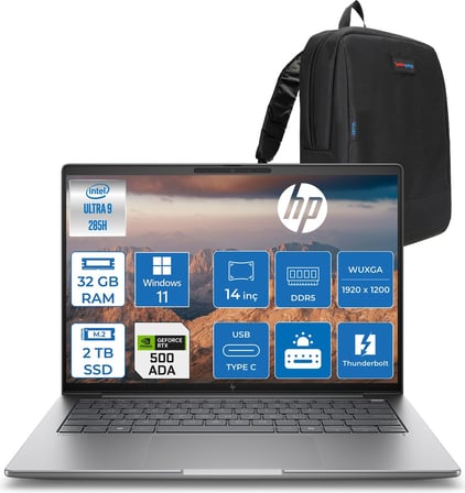 Hp Zbook 8 G1I Ultra 9 285H 32GB Ddr5 2tb SSD 4GB/RTXA500 14" Wuxga 300 Nit Windows 11 Pro Taşınabilir Iş Istasyonu B30HPESP11 + Zettaçanta