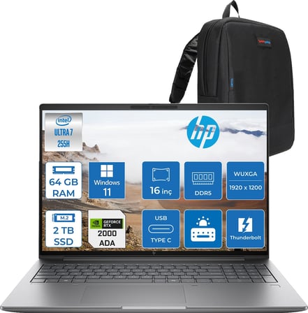 Hp Zbook x G1I Intel Core Ultra 7 265H 64GB Ddr5 2tb SSD 8GB/RTXPRO2000 Blackwell 16" Wuxga Düşük Mavi Işık 400NIT %100 Srgb Windows 11 Pro Taşınabilir Iş Istasyonu B30HNESP23 + Zettaçanta