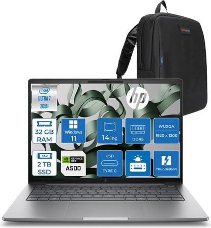Hp Zbook 8 G1I  Intel Core Ultra 7 265H 32GB Ddr5 2tb SSD 4GB/RTXA500 14" Wuxga Düşük Mavi Işık 300NIT %100 Srgb Windows 11 Pro Taşınabilir Iş Istasyonu B30HCESP11 + Zettaçanta