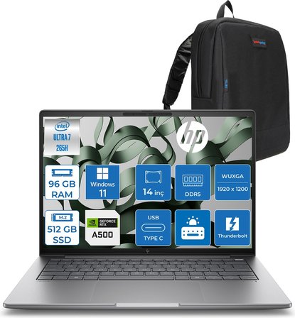 Hp Zbook 8 G1I  Intel Core Ultra 7 265H 96GB Ddr5 512GB SSD 4GB/RTXA500 14" Wuxga Düşük Mavi Işık 300NIT %100 Srgb Windows 11 Pro Taşınabilir Iş Istasyonu B30HCESP21 + Zettaçanta