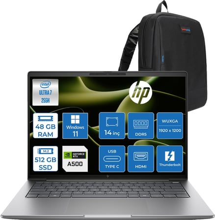 Hp Zbook 8 G1I Intel Core Ultra 7 255H 48GB Ddr5 512GB SSD 4GB/RTXA500 14" Wuxga Düşük Mavi Işık 300NIT %62,5 Srgb Windows 11 Pro Taşınabilir Iş Istasyonu B30HBESP17 + Zettaçanta