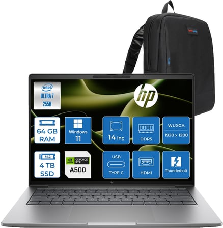 Hp Zbook 8 G1I Intel Core Ultra 7 255H 64GB Ddr5 4tb SSD 4GB/RTXA500 14" Wuxga Düşük Mavi Işık 300NIT %62,5 Srgb Windows 11 Pro Taşınabilir Iş Istasyonu B30HBESP24 + Zettaçanta