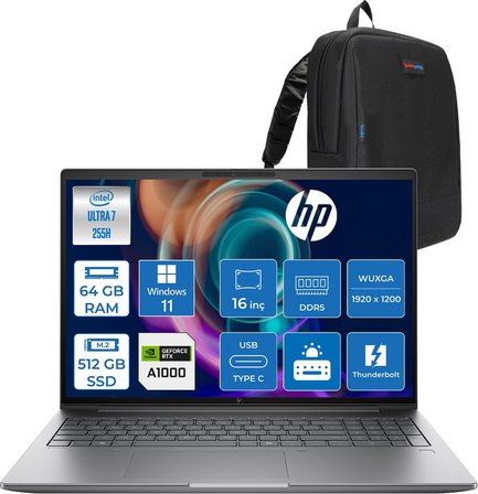 Hp Zbook x G1I Ultra 7 255H 64GB Ddr5 512GB SSD 8GB/RTXPRO1000 16" Wuxga Düşük Mavi Işık 400NIT %100 Srgb Windows 11 Pro Taşınabilir Iş Istasyonu B30HLESP21 + Zettaçanta