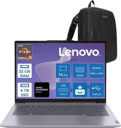 Lenovo Thinkbook 14 G7 Ryzen 5 7535HS 32GB 4tb SSD Amd Radeon 660M 14" Wuxga IPS 300NITS Windows 11 Pro Taşınabilir Bilgisayar 21MV001ATRP12 + Zettaçanta