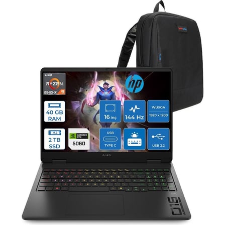 HP Omen Amd Ryzen 9 8940HX 40GB 2tb SSD 8GB/RTX5060/130W 16" Wuxga 144Hz 300NITS %62,5 Srgb Windows 11 Pro Gaming Bilgisayar C39JFEAP15 + Zettaçanta
