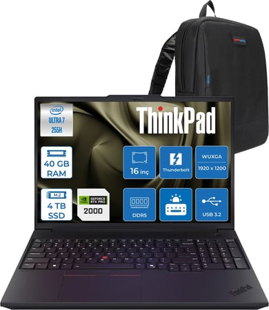Lenovo Thinkpad P16V Gen3 Intel Core Ultra 7 255H 40GB 4tb SSD 8GB/RTXPRO2000 Blackwell 16" Wuxga IPS 400NITS 60Hz Wi-Fi7 Windows 11 Pro Taşınabilir Iş Istasyonu 21RS000BTXP16 + Zettaçanta