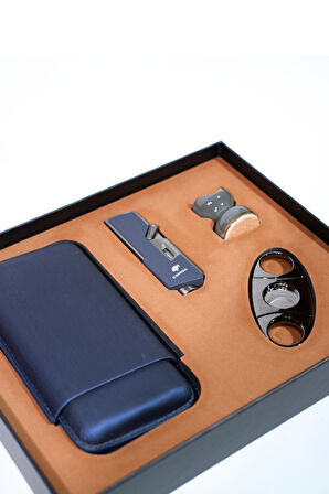 Cohiba Çakmak Kesici Kılıf Sehpa Lacivert-Gunmetal Dörtlü Puro Seti