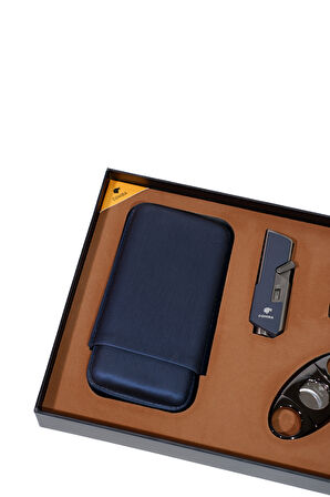 Cohiba Çakmak Kesici Kılıf Sehpa Lacivert-Gunmetal Dörtlü Puro Seti