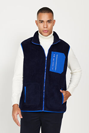 Erkek Lacivert Standart Fit Normal Kesim Dik Yaka Sherpa Polar Yelek