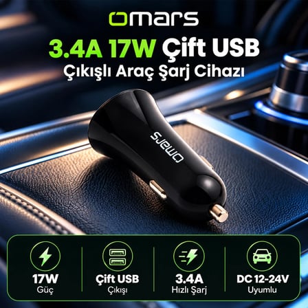 Omars 3.4A 17W Çift USB Çıkışlı Araç Şarj Cihazı