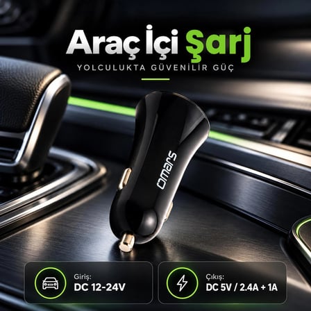 Omars 3.4A 17W Çift USB Çıkışlı Araç Şarj Cihazı