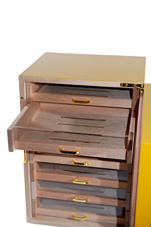 Cohiba Sarı-Gri Nokta Desenli 7 Çekmeceli Sedir Humidor Puro Kutusu