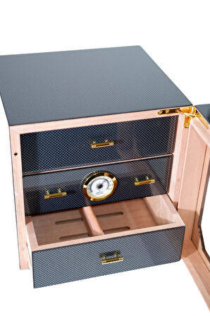 PremiumQuality Teresina Siyah Karbon Desenli Sedir Humidor Puro Kutusu