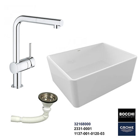 Bocchi Lavello 60 cm Seramik Eviye Grohe Minta Spiralli Eviye Bataryası Seti(Sifon Dahil )