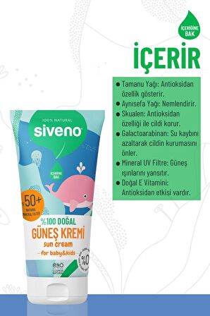 Siveno %100 Doğal Bebek Güneş Kremi Leke Karşıtı Antioksidan Nemlendirici Bitkisel Vegan UVA UVB SPF 50+ 50 ml