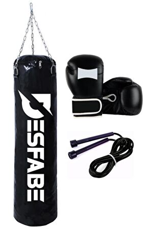 Desfabe Boxing Star 70x25 Cm Zincirli Boks Kum Torbası Siyah+Atlama İpi+Boks Eldiveni