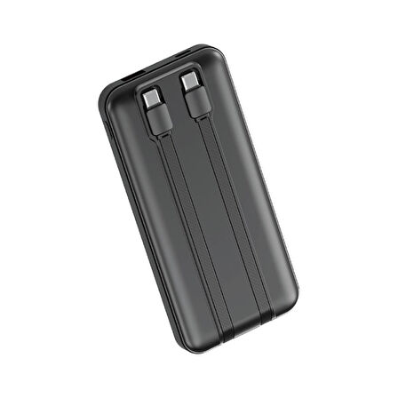 W3 10.000 mAh Type C+Lightning Entegre Kablolu LED Göstergeli Powerbank - Siyah