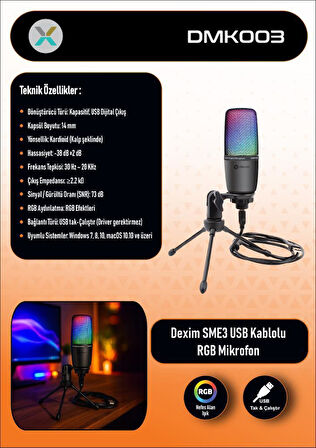 Dexim DMK003 RGB Tripodlu Oyuncu ve Yayıncı Mikrofonu