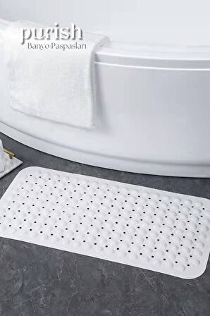 Purish | Banyo  Duş  Küvet İçin Vantuzlu Kaydırmaz, Su Drenajlı, Masaj Noktalı Paspas - Mat Beyaz - 79x39cm