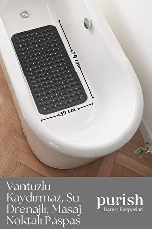 Purish | Banyo Duş Küvet Için Vantuzlu Kaydırmaz, Su Drenajlı, Masaj Noktalı Paspas - Mat Siyah - 79x39cm