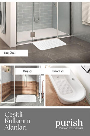 Purish | Banyo Duş Küvet Için Vantuzlu Kaydırmaz, Su Drenajlı, Masaj Noktalı Paspas - Mat Siyah - 79x39cm
