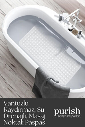 Purish Banyo Duş  Küvet İçin Vantuzlu Kaydırmaz, Su Drenajlı, Masaj Noktalı Paspas - Mat Beyaz - 70x40cm