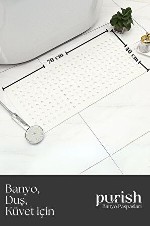 Purish Banyo Duş  Küvet İçin Vantuzlu Kaydırmaz, Su Drenajlı, Masaj Noktalı Paspas - Mat Beyaz - 70x40cm