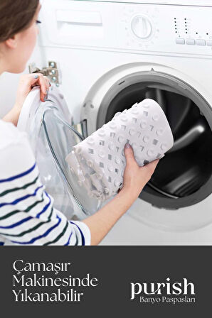 Purish Banyo Duş  Küvet İçin Vantuzlu Kaydırmaz, Su Drenajlı, Masaj Noktalı Paspas - Mat Beyaz - 70x40cm