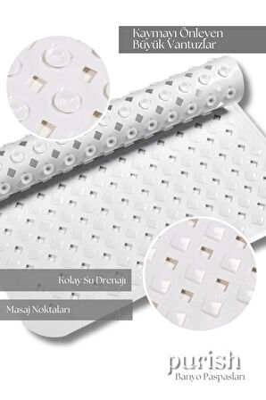 Purish Banyo Duş  Küvet İçin Vantuzlu Kaydırmaz, Su Drenajlı, Masaj Noktalı Paspas - Mat Beyaz - 70x40cm
