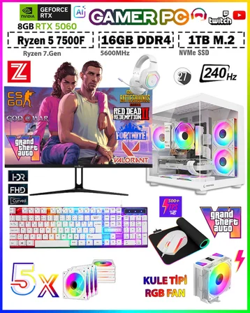 Zeiron Warrior Mini X55 White Pro⚡R5 7500F⚡16GB⚡DDR5⚡1TB M.2 SSD⚡RTX5060⚡27" 240Hz Kule Tipi Fan Premium Oyuncu Bilgisayar