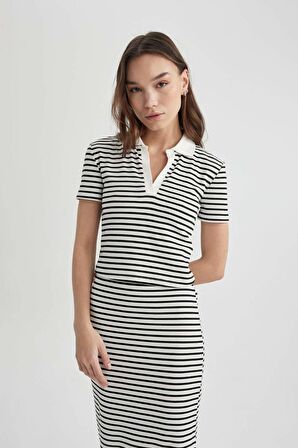 DeFacto Fitted Çizgili Polo Yaka Kısa Kollu Tişört A0380AX24SMWT32