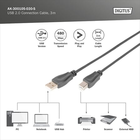 Digitus Yazıcı Kablosu Zırhlı Siyah USB 2.0 (3m)