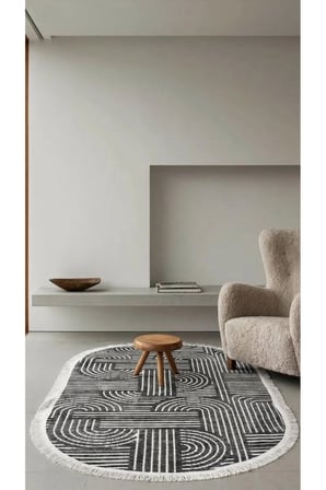 Raye-Antrasit-Oval-Salon-Oturma Odası-Koridor-Mutfak-Modern-Kilim-Yıkanabilir-Robot Süpürge-Düz