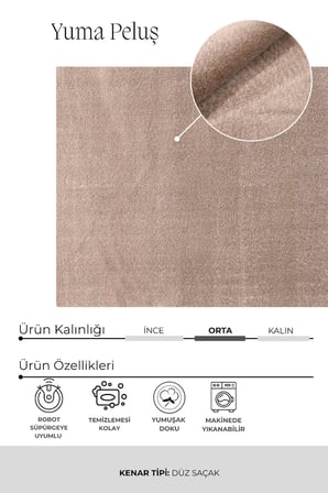 Yuma Bej Peluş Halı|Salon-Mutfak-Antre-Oturma Odası-Yumuşak-Kaymaz Taban-Yıkanabilir–Modern