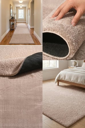Yuma Bej Peluş Halı|Salon-Mutfak-Antre-Oturma Odası-Yumuşak-Kaymaz Taban-Yıkanabilir–Modern