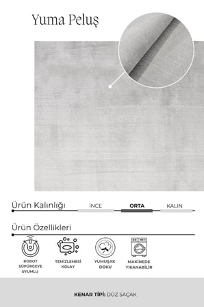Yuma Gri Peluş Halı|Salon-Mutfak-Antre-Oturma Odası-Yumuşak-Kaymaz Taban-Yıkanabilir–Modern