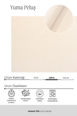 Yuma Krem Peluş Halı|Salon-Mutfak-Antre-Oturma Odası-Yumuşak-Kaymaz Taban-Yıkanabilir–Modern