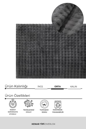 Yuma Bubble Antrasit Peluş Halı|Salon-Mutfak-Antre-Oturma Odası-Yumuşak-Kaymaz Taban-Yıkanabilir