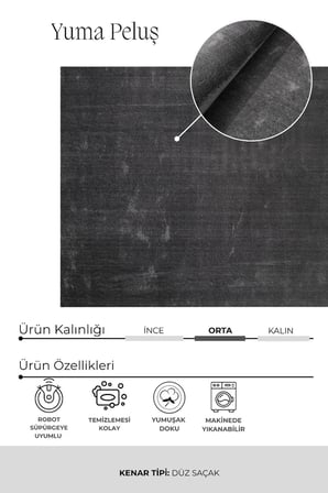 Yuma Antrasit Peluş Halı|Salon-Mutfak-Antre-Oturma Odası-Yumuşak-Kaymaz Taban-Yıkanabilir–Modern